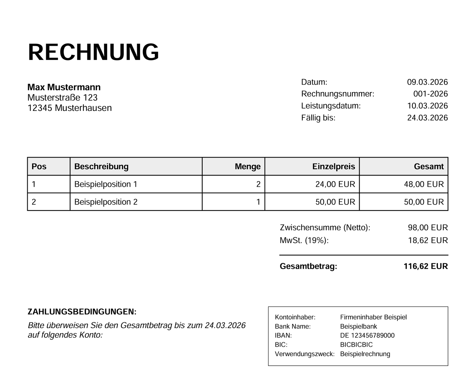 Beispiel einer fertigen DIN 5008 Rechnung